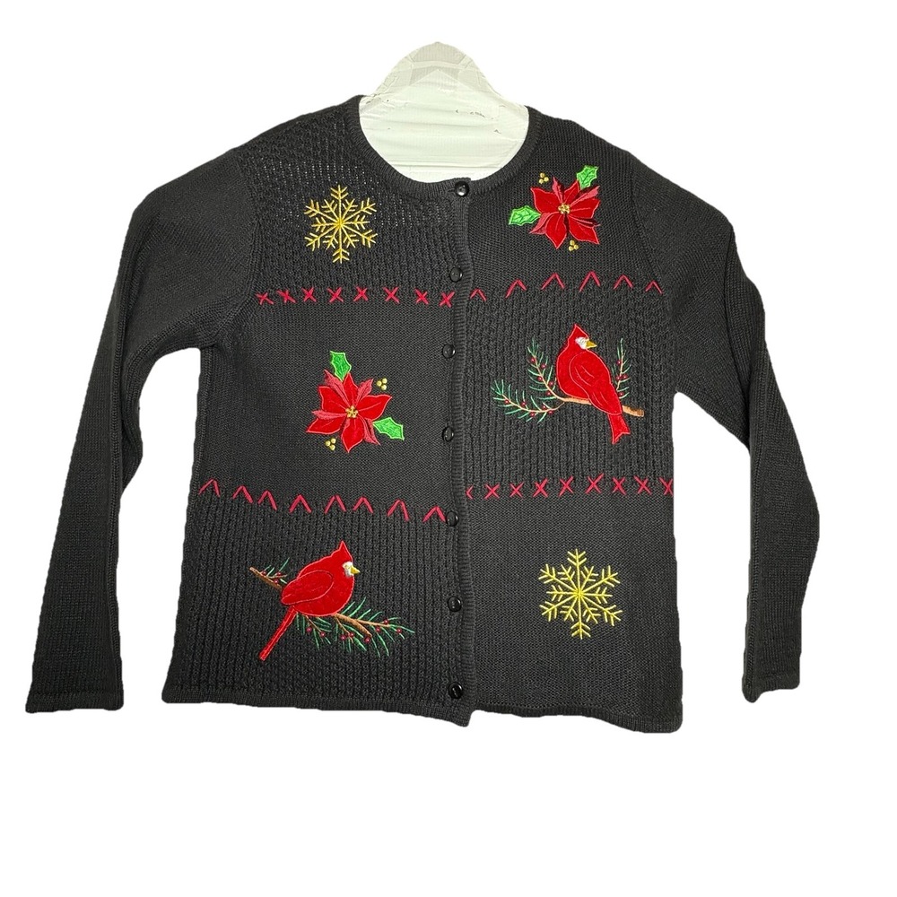 Classic Elements Christmas Sweater Cardinals VTG Sz‎ Women's L Petite Snowflakes